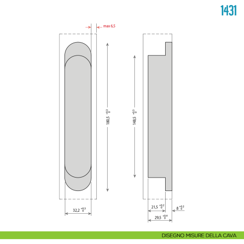 Cerniera a scomparsa argento regolabile per porte pesanti Ceam 1431 - disegno misure della cava