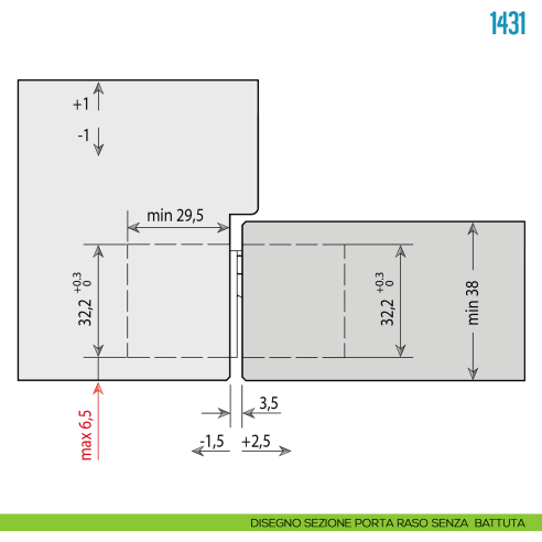 Cerniera invisibile nera regolabile per porte pesanti Ceam 1431 - disegno sezione porta raso senza battuta