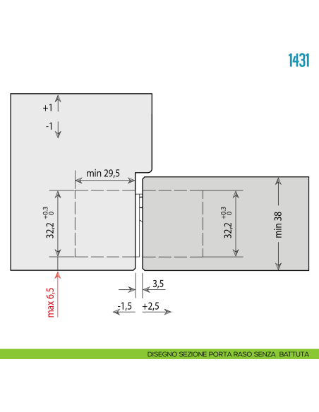 Cerniera invisibile nera regolabile per porte pesanti Ceam 1431 - disegno sezione porta raso senza battuta