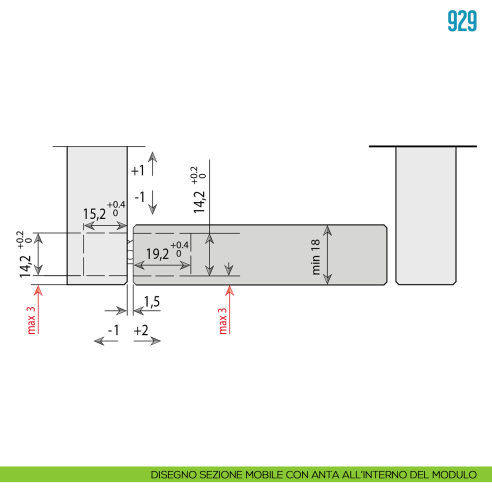 Cerniera a scomparsa nera regolabile per mobile Ceam 929 - disegno anta all'interno del modulo