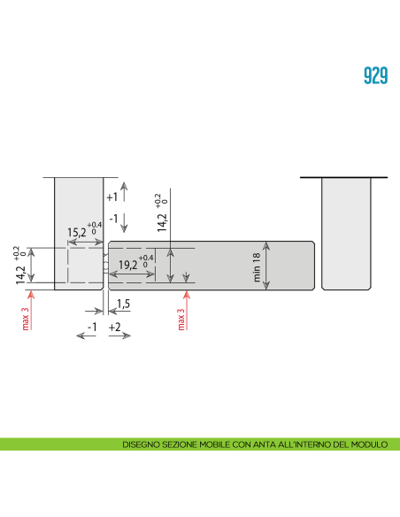 Cerniera a scomparsa nera regolabile per mobile Ceam 929 - disegno anta all'interno del modulo