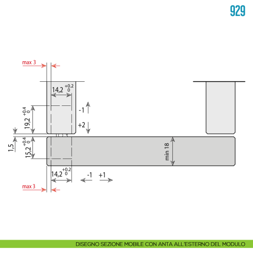 Cerniera invisibile bianca regolabile per mobile Ceam 929 - disegno anta all'esterno del modulo