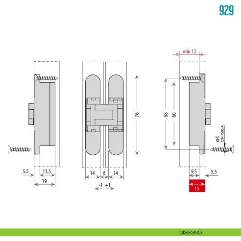Cerniera invisibile nichelata regolabile per mobile Ceam 929 - disegno