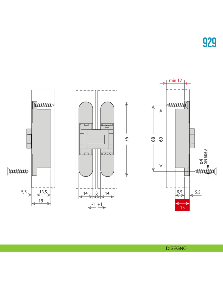 Cerniera invisibile nichelata regolabile per mobile Ceam 929 - disegno