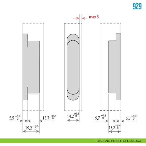 Cerniera invisibile nichelata regolabile per mobile Ceam 929 - disegno misure della cava