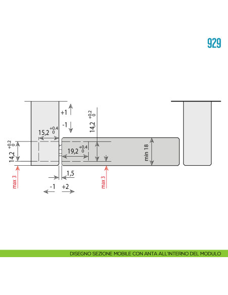 Cerniera invisibile nichelata regolabile per mobile Ceam 929 - disegno anta all'interno del modulo