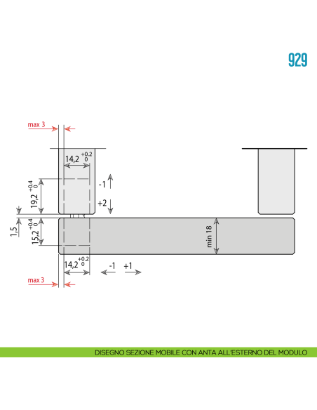Cerniera invisibile nichelata regolabile per mobile Ceam 929 - disegno anta all'esterno del modulo