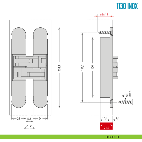 Cerniera a scomparsa in acciaio inox regolabile per porta Ceam 1130 INOX - disegno