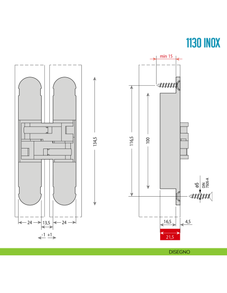 Cerniera a scomparsa in acciaio inox regolabile per porta Ceam 1130 INOX - disegno