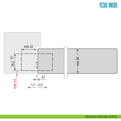 Cerniera a scomparsa in acciaio inox regolabile per porta Ceam 1130 INOX - disegno sezione porta