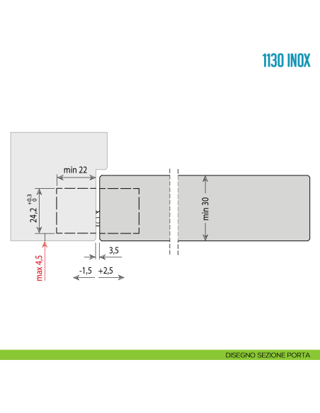 Cerniera a scomparsa in acciaio inox regolabile per porta Ceam 1130 INOX - disegno sezione porta