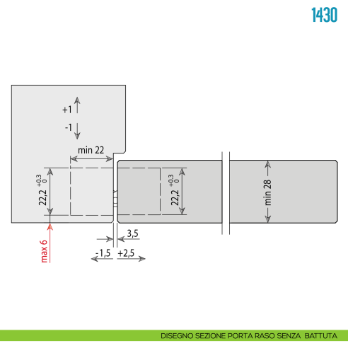 Cerniera a scomparsa bronzo spazzolato regolabile per porta Ceam 1430 - disegno sezione porta raso senza battuta