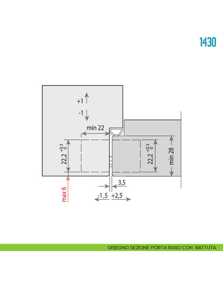Cerniera a scomparsa argento regolabile per porta Ceam 1430 - disegno sezione porta raso con battuta