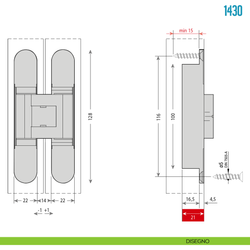 Cerniera a scomparsa ottonata regolabile per porta Ceam 1430 - disegno