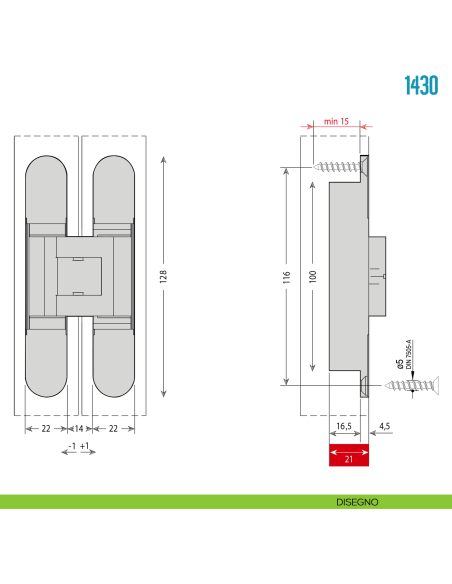 Cerniera a scomparsa ottonata regolabile per porta Ceam 1430 - disegno