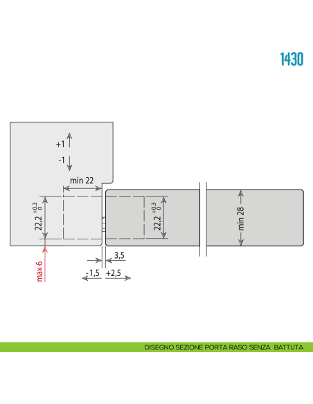 Cerniera a scomparsa ottonata regolabile per porta Ceam 1430 - disegno sezione porta raso senza battuta