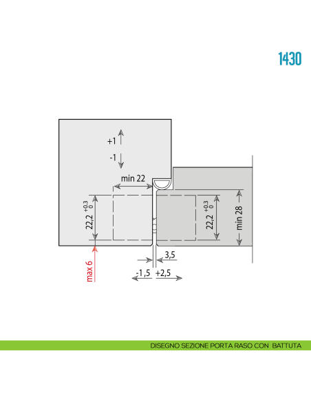 Cerniera a scomparsa ottonata regolabile per porta Ceam 1430 - disegno sezione porta raso con battuta