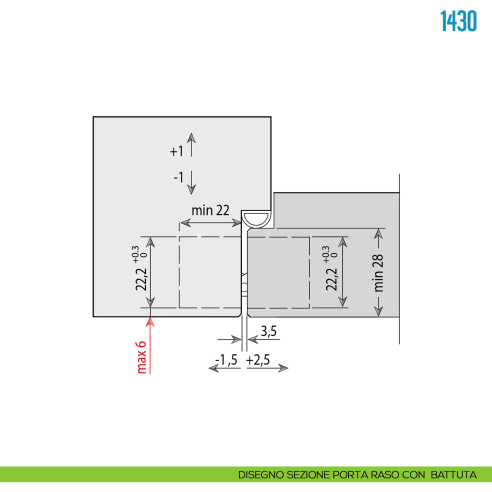Cerniera invisibile bianca regolabile per porta Ceam 1430 - disegno sezione porta raso con battuta