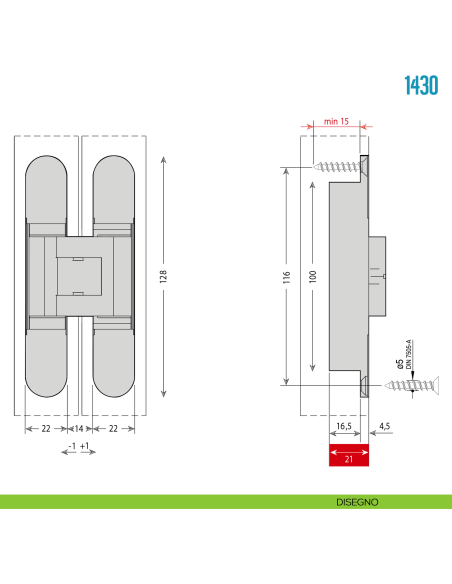 Cerniera invisibile regolabile per porta Ceam 1430 - disegno