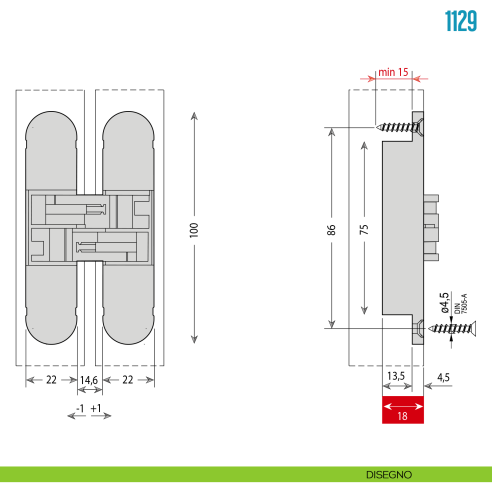 Cerniera invisibile regolabile per porta Ceam 1129 - disegno