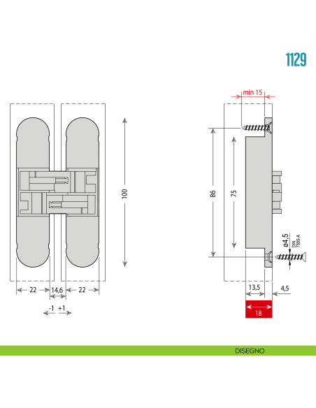 Cerniera invisibile regolabile per porta Ceam 1129 - disegno