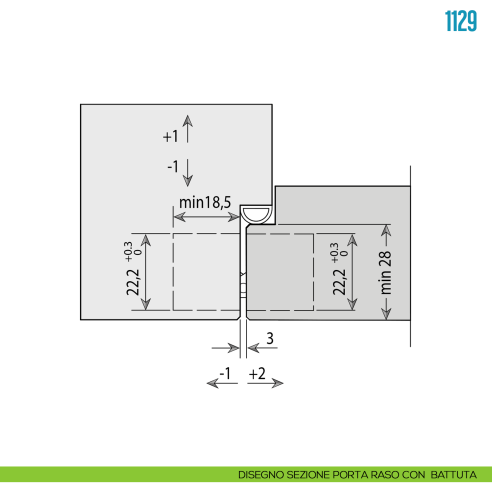Cerniera invisibile regolabile per porta Ceam 1129 - disegno sezione porta raso con battuta