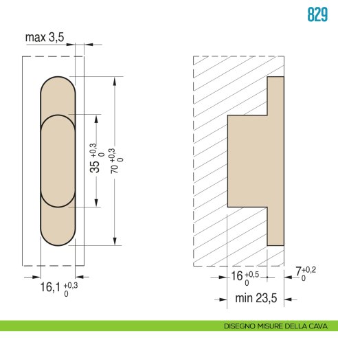 Cerniera invisibile per porta Ceam 829 - disegno misure della cava