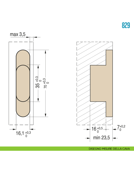 Cerniera invisibile per porta Ceam 829 - disegno misure della cava