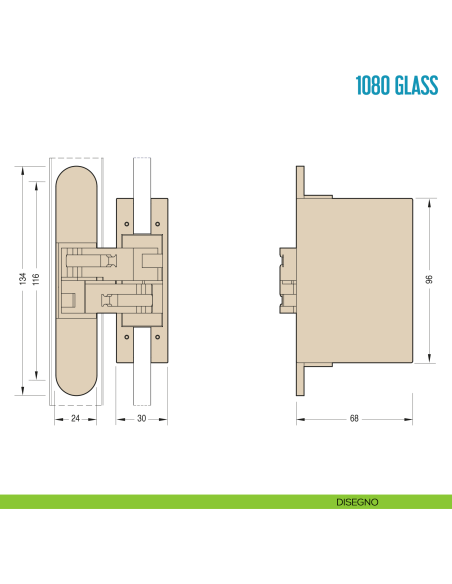 Cerniera a scomparsa per porta in vetro Ceam 1080 Glass - disegno
