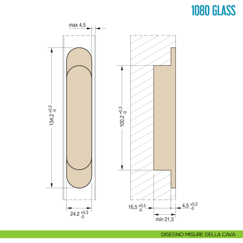 Cerniera a scomparsa per porta in vetro Ceam 1080 Glass - disegno misure della cava