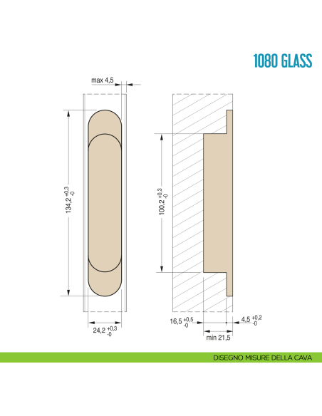 Cerniera a scomparsa per porta in vetro Ceam 1080 Glass - disegno misure della cava