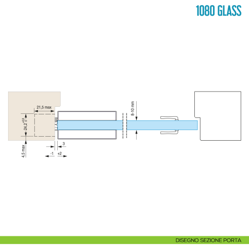Cerniera a scomparsa per porta in vetro Ceam 1080 Glass - disegno sezione porta