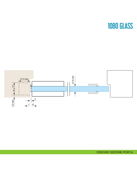 Cerniera a scomparsa per porta in vetro Ceam 1080 Glass - disegno sezione porta