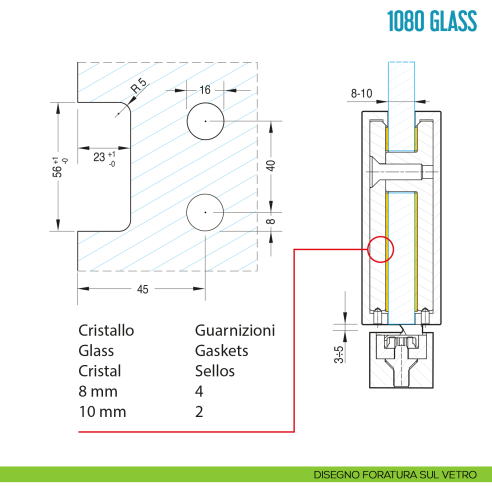 Cerniera a scomparsa per porta in vetro Ceam 1080 Glass - disegno foratura sul vetro