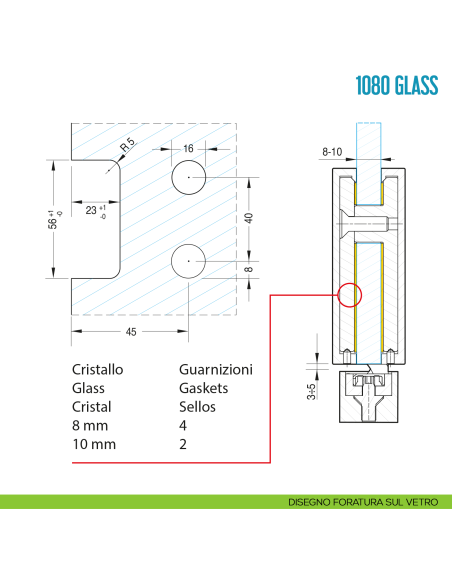 Cerniera a scomparsa per porta in vetro Ceam 1080 Glass - disegno foratura sul vetro