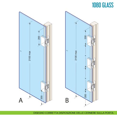 Cerniera a scomparsa per porta in vetro Ceam 1080 Glass - disegno corretta disposizione delle cerniere sulla porta
