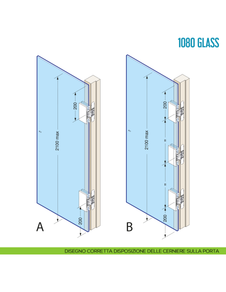 Cerniera a scomparsa per porta in vetro Ceam 1080 Glass - disegno corretta disposizione delle cerniere sulla porta