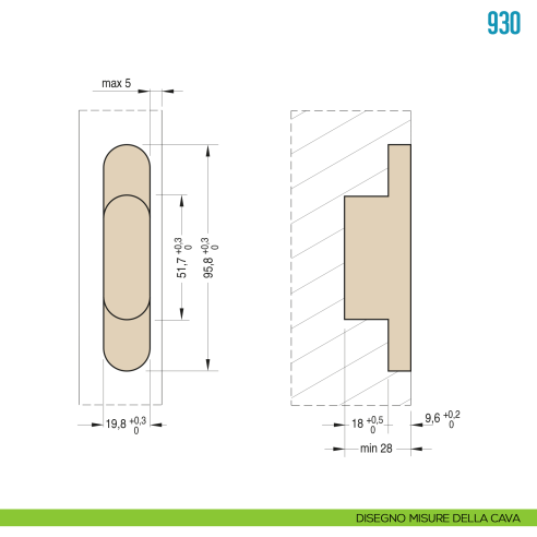 Cerniera a scomparsa per porta Ceam 930 - disegno misure della cava