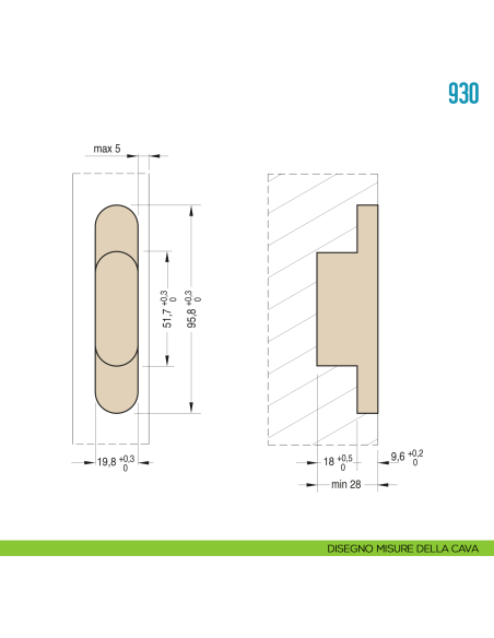 Cerniera a scomparsa per porta Ceam 930 - disegno misure della cava