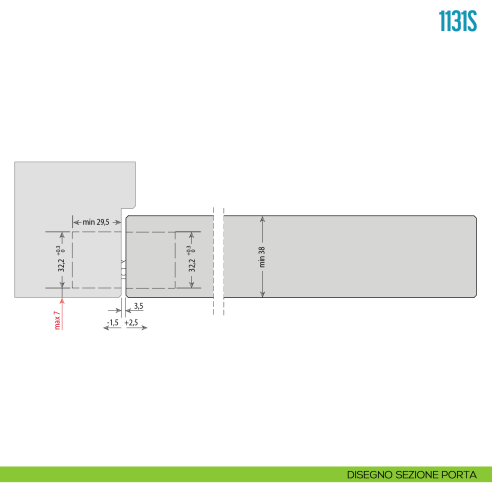 Cerniera invisibile regolabile per porte pesanti Ceam 1131S - disegno sezione porta