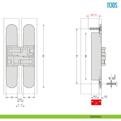 Cerniera invisibile regolabile per porta Ceam 1130S - disegno