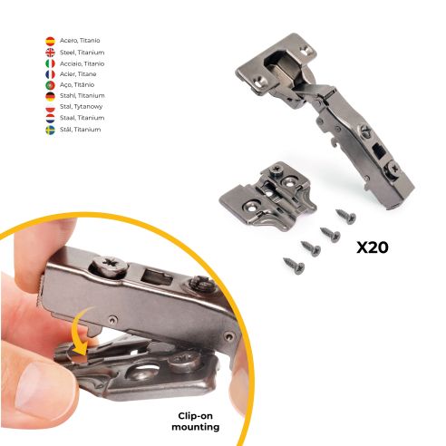 Emuca Lotto di 20 cerniere collo dritto X91 con chiusura soft e Basetta a vite, altezza 0, Acciaio, Titanio