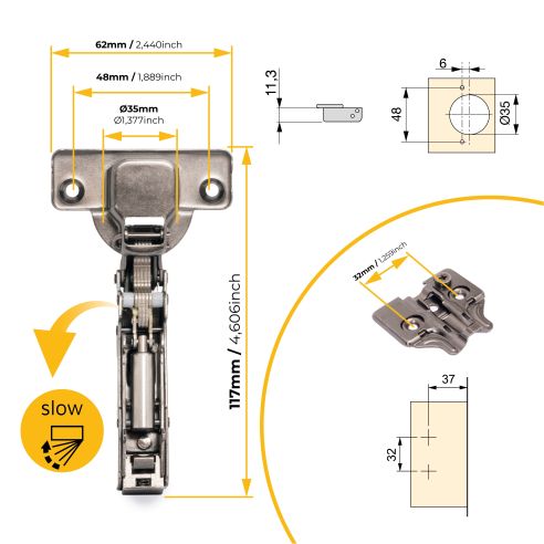 Emuca Lotto di 20 cerniere collo dritto X91 con chiusura soft e Basetta a vite, altezza 0, Acciaio, Titanio