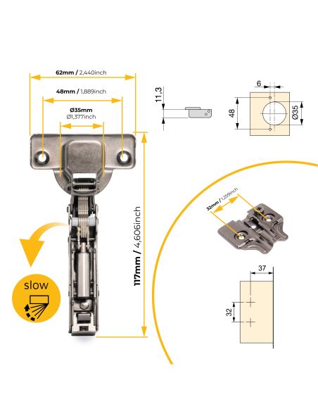 Emuca Lotto di 20 cerniere collo dritto X91 con chiusura soft e Basetta a vite, altezza 0, Acciaio, Titanio