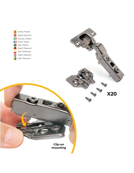 Emuca Lotto di 20 cerniere mezzo collo X91 con chiusura soft e Basetta a vite, Altezza 0, Acciaio, Titanio