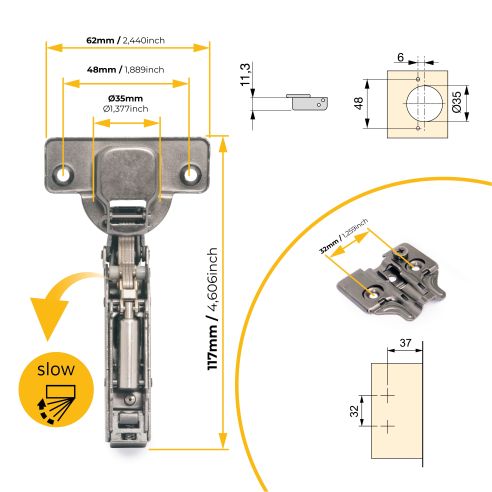 Emuca Lotto di 20 cerniere mezzo collo X91 con chiusura soft e Basetta a vite, Altezza 0, Acciaio, Titanio