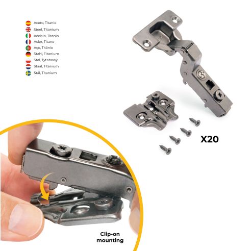 Emuca Lotto di 20 cerniere collo alto X91 con chiusura soft e Basetta a vite, Altezza 0, Acciaio, Titanio