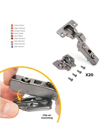 Emuca Lotto di 20 cerniere collo alto X91 con chiusura soft e Basetta a vite, Altezza 0, Acciaio, Titanio