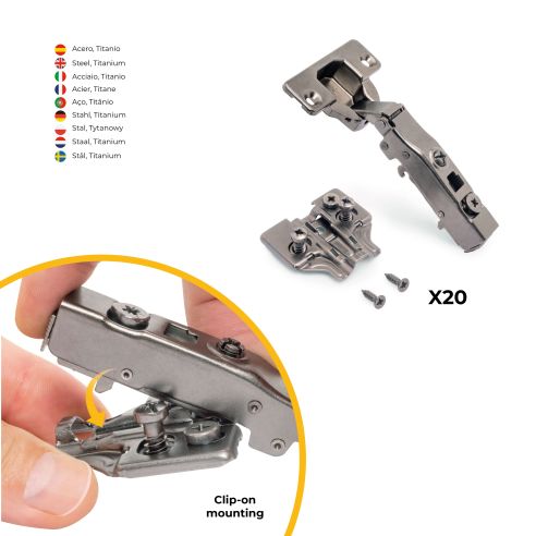 Emuca Lotto di 20 cerniere collo dritto X91 con chiusura soft e Basetta Euro, altezza 0, Acciaio, Titanio