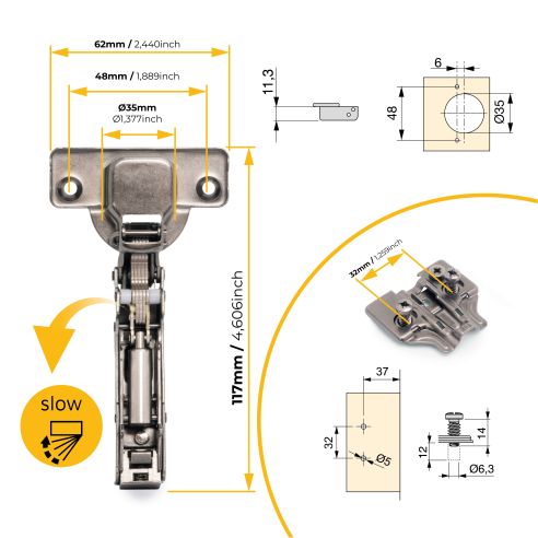 Emuca Lotto di 20 cerniere collo dritto X91 con chiusura soft e Basetta Euro, altezza 0, Acciaio, Titanio